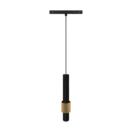 Magneto 7W Dimmable Track Light in black and gold, a slim cylindrical pendant on a fine cable dropping from a black track mount, shown on a plain white background.
