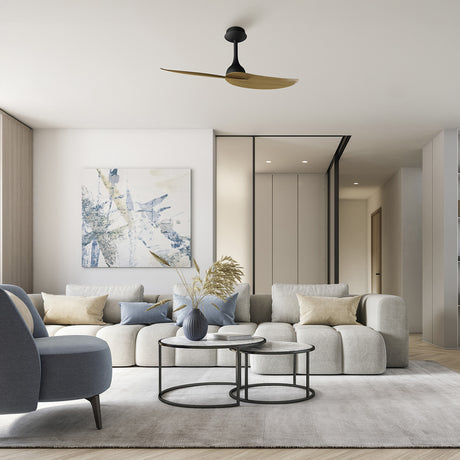 Ipanema Ceiling Fan with Light 1.06m in black with two wood-finish blades, shown mounted on a white ceiling above a neutral living room seating area.