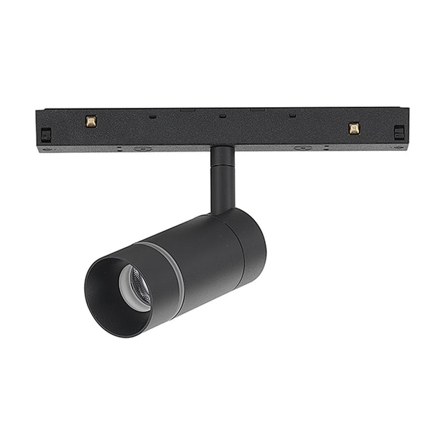 Magneto Track Light in black aluminium, showing a cylindrical spotlight head with adjustable knuckle mounted on a magnetic track bar, 7W 3000K LED, on a plain white background.