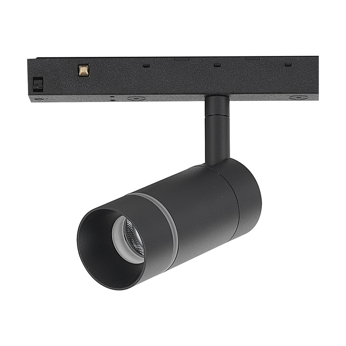 Magneto Track Light 7W 3000K in black, showing a cylindrical spotlight head with adjustable pivot mounted on a magnetic track section, aluminium finish, plain white background.