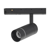 Magneto Track Light 7W 3000K in black, showing a cylindrical spotlight head with adjustable pivot mounted on a magnetic track section, aluminium finish, plain white background.