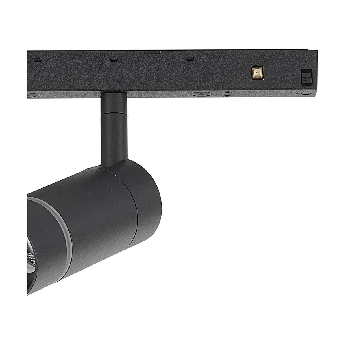 Black cylindrical Magneto Track Light 7W 3000K spotlight on adjustable pivot arm, mounted to magnetic track with connector and switch, shown on white background.