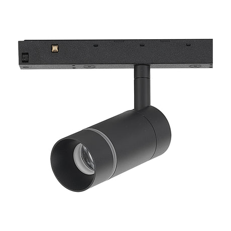 Magneto 7W Track Light in black, showing an adjustable cylindrical spotlight head on a short angled arm fixed to a magnetic track connector, on a plain white background.