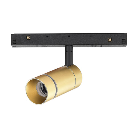 Magneto 7W Track Light in gold, a cylindrical aluminium spotlight head on a black magnetic track section, shown on a plain white background.