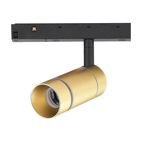 Magneto 7W Track Light in gold, a cylindrical adjustable spotlight head with black mounting arm and connector, shown on a black magnetic track against a plain white background.