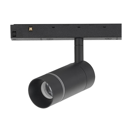 Magneto 7W Dimmable Track Light in black, showing the cylindrical spotlight head angled on its mounting arm beneath a black track bar, set against a plain white background.