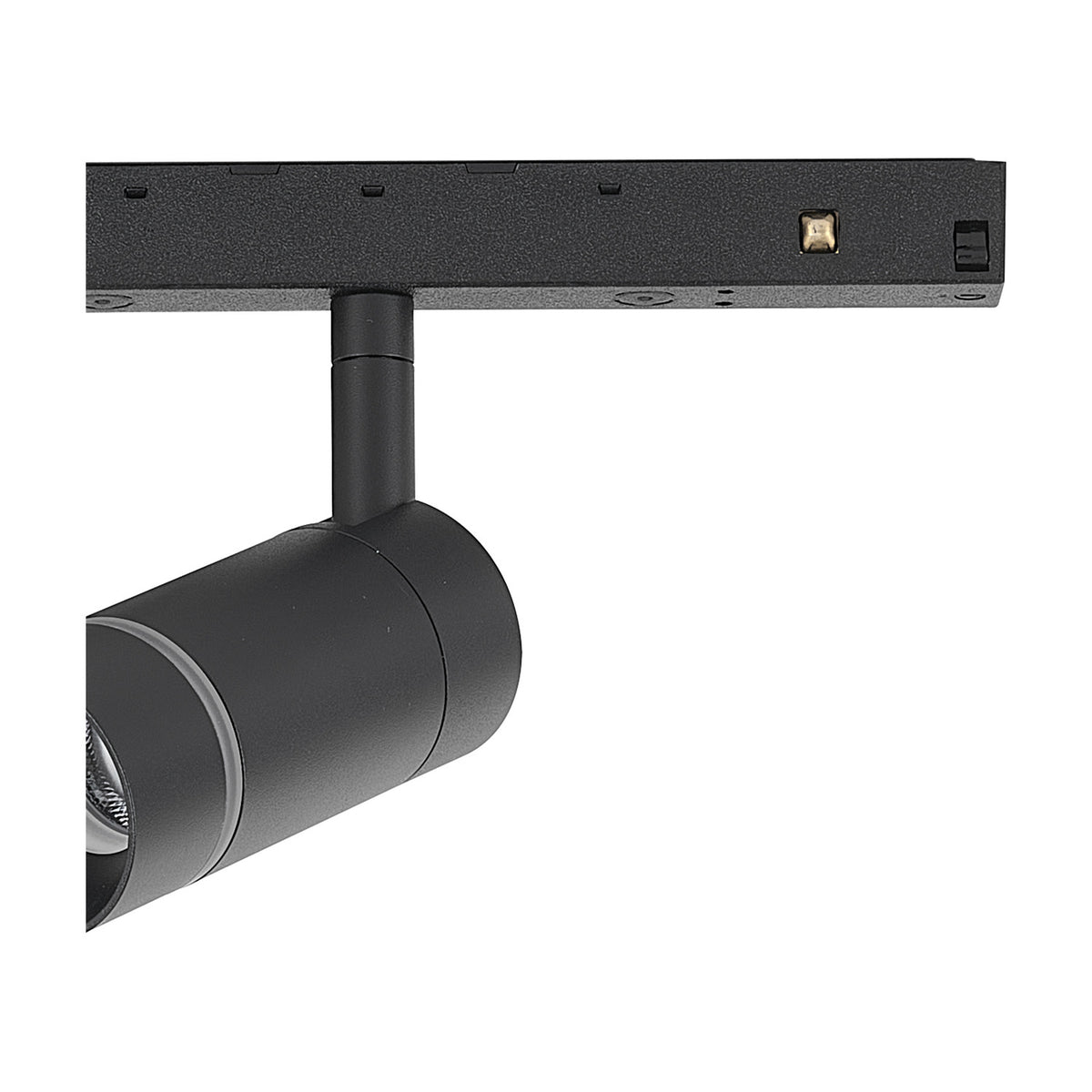 Close-up of the Magneto Dimmable Track Light in black, showing the cylindrical spotlight head mounted on an adjustable arm beneath the magnetic track rail, 7W 3000K, against a plain white background.