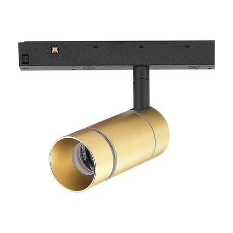 Magneto 7W Dimmable Track Light in gold, cylindrical spot head on a black magnetic track adaptor, shown on a plain white background.