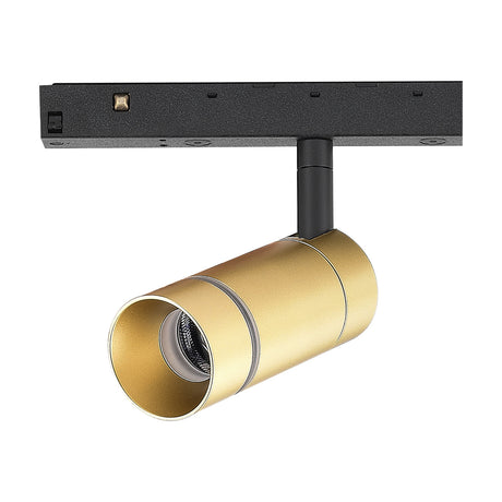 Magneto 7W Dimmable Track Light in gold, cylindrical spotlight head on a black magnetic track adaptor, shown at an angle on a plain white background.