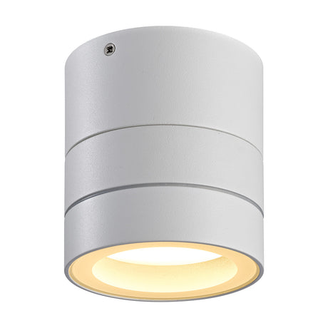 Saler 12W IP65 outdoor wall light in white aluminium, a cylindrical fixture with a tiered ridged body and warm white 2700K glow, dimmable, shown on a plain white background.