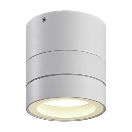 Saler outdoor wall light in white, a compact cylindrical fixture with a visible mounting screw and a recessed GX53 LED emitting warm downward light, shown on a plain white background.