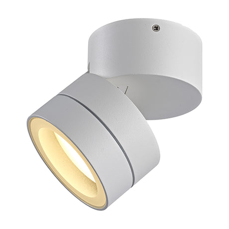 Saler IP65 Outdoor Wall Light in white aluminium, showing the round base and tilted cylindrical head with warm light glowing from the lamp, on a plain white background.