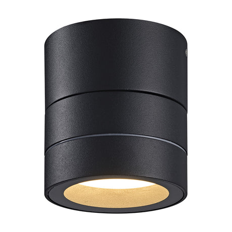 Saler 12W IP65 outdoor wall light in black, a cylindrical fitting with a recessed lens revealing a warm white GX53 LED, shown on a plain white background.