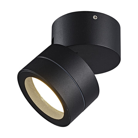 Saler 12W IP65 Dimmable Outdoor Wall Light in black, compact round aluminium fixture with a tiltable head, shown at an angle on a plain white background.