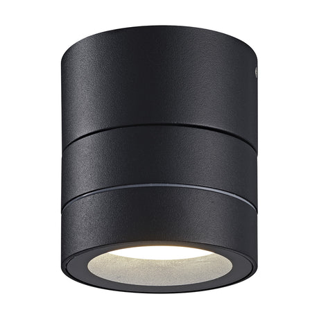 Saler 12W IP65 outdoor wall light in black aluminium, cylindrical design with a downward-facing light aperture, GX53 LED fitting, shown on a plain white background.