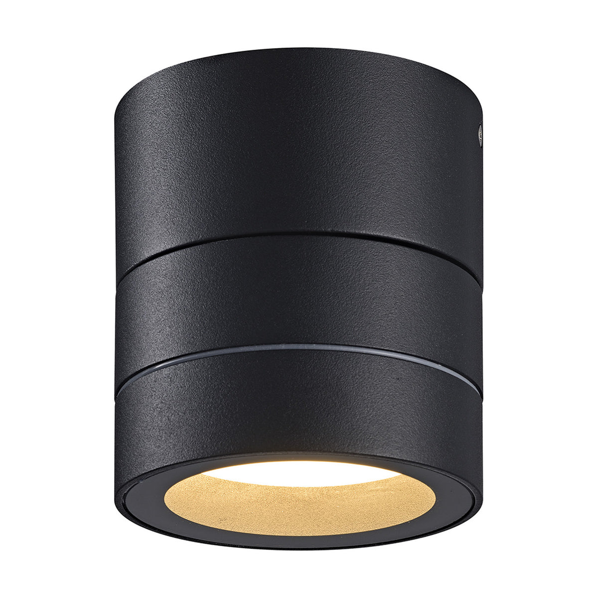 Saler IP65 Outdoor Wall Light in black aluminium, cylindrical tiered design with recessed downlight lens, shown on a plain white background.