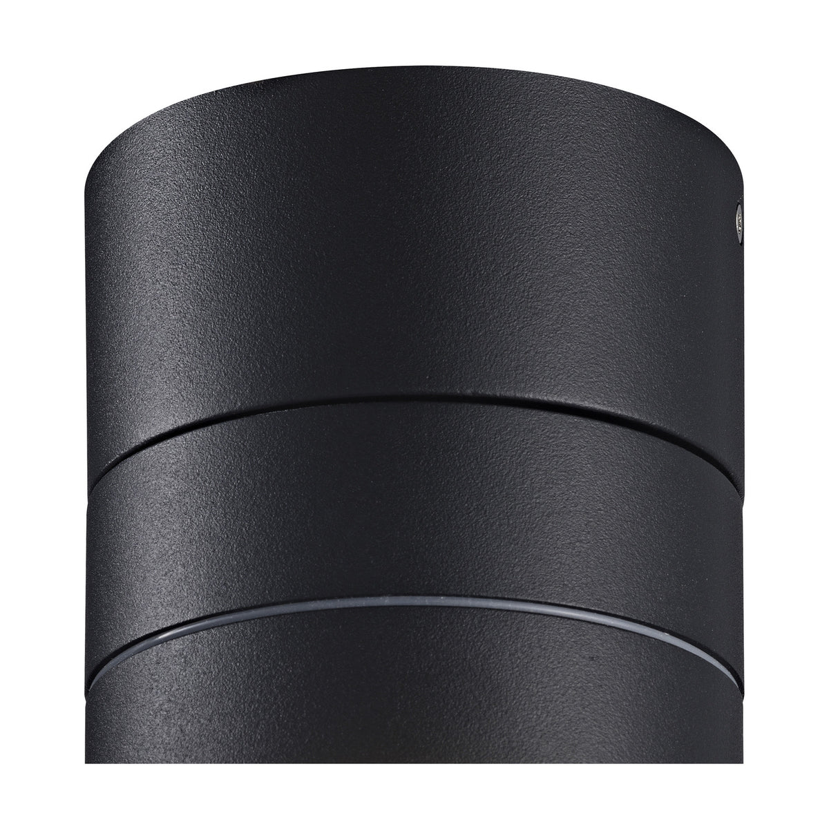 Close-up of the Saler IP65 Outdoor Wall Light in black aluminium, showing the cylindrical housing with a horizontal seam and diffuser strip, set against a plain white background.