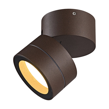 Saler 12W IP65 Dimmable Outdoor Wall Light in rust brown, round adjustable head with warm white glow, shown on a plain white background.