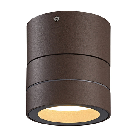 Saler 12W IP65 Dimmable Outdoor Wall Light in rust brown, cylindrical body with a recessed round light face, shown on a plain white background.