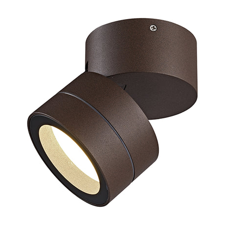 Saler 12W IP65 outdoor wall light in rust brown aluminium, round adjustable head tilted to aim the beam, shown on a plain white background.