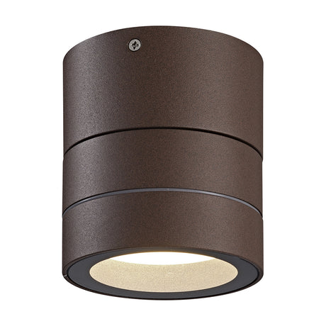 Saler outdoor wall light in rust brown aluminium, cylindrical body with recessed LED, IP65 rated, shown against a plain white background.