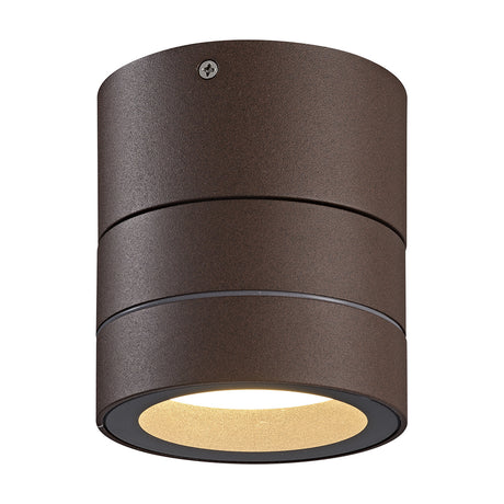 Saler IP65 Outdoor Wall Light in rust brown, a small cylindrical aluminium fixture with a recessed GX53 lamp and visible fixing screw, shown on a plain white background.