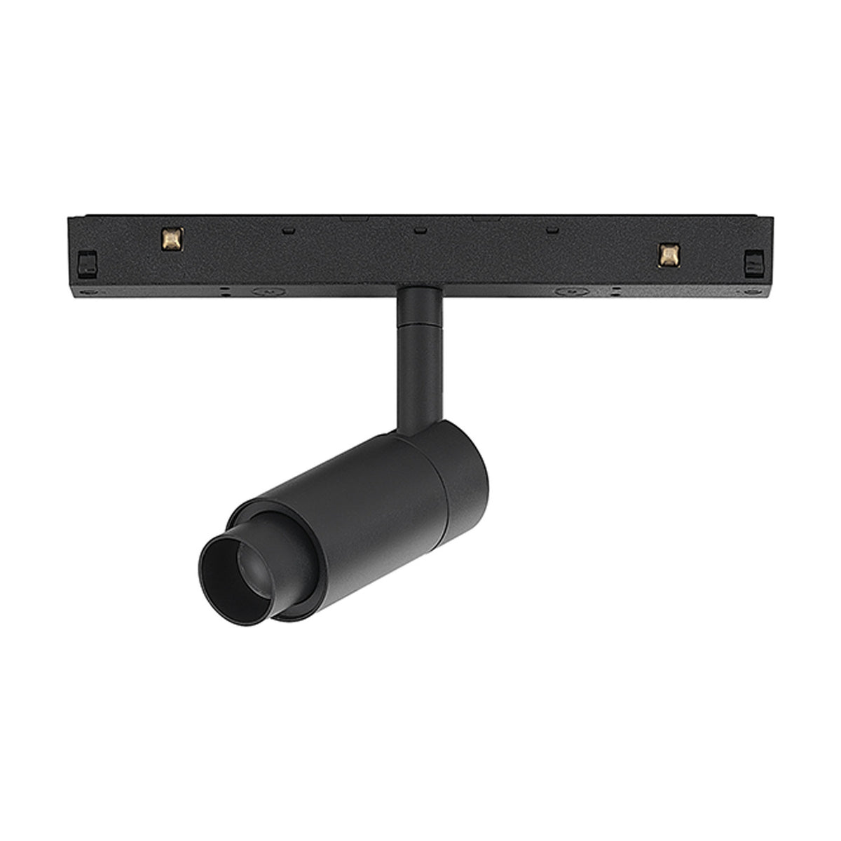 Magneto Track Light in black, showing a single cylindrical spotlight head with zoom lens on an adjustable arm, mounted to a magnetic track rail, on a plain white background.