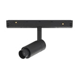 Magneto Track Light in black, showing a single cylindrical spotlight head with zoom lens on an adjustable arm, mounted to a magnetic track rail, on a plain white background.