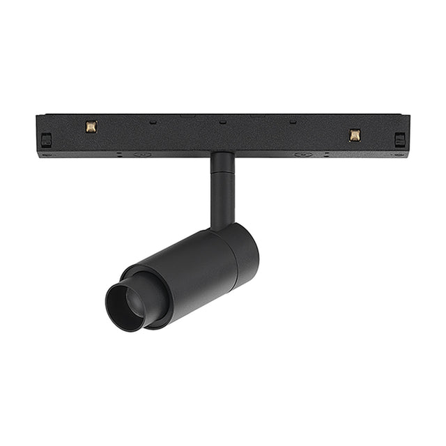 Magneto Track Light in black, showing a single cylindrical spotlight head with zoom lens on an adjustable arm, mounted to a magnetic track rail, on a plain white background.
