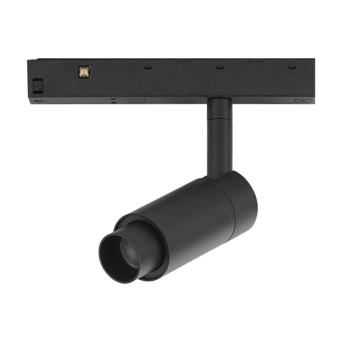 Magneto Track Light in black aluminium finish, single cylindrical head with zoom lens on angled arm, mounted to magnetic track rail, 7W LED, 3000K, shown on plain white background.