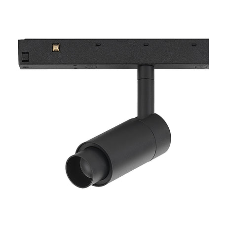 Magneto Track Light in black aluminium finish, single cylindrical head with zoom lens on angled arm, mounted to magnetic track rail, 7W LED, 3000K, shown on plain white background.