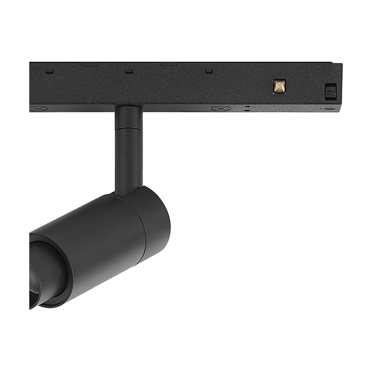 Close-up of the Magneto Track Light in black aluminium, showing the single cylindrical spotlight head with adjustable neck mounted on the track connector, set against a plain white background.