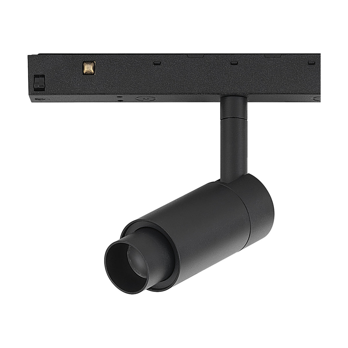 Magneto Dimmable Track Light in black, showing a cylindrical zoom spotlight head on an adjustable arm clipped to a magnetic track, 7W LED, 3000K, on a white background.