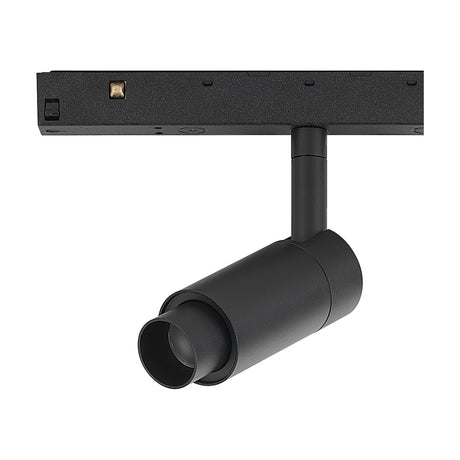 Magneto Dimmable Track Light in black, showing a cylindrical zoom spotlight head on an adjustable arm clipped to a magnetic track, 7W LED, 3000K, on a white background.