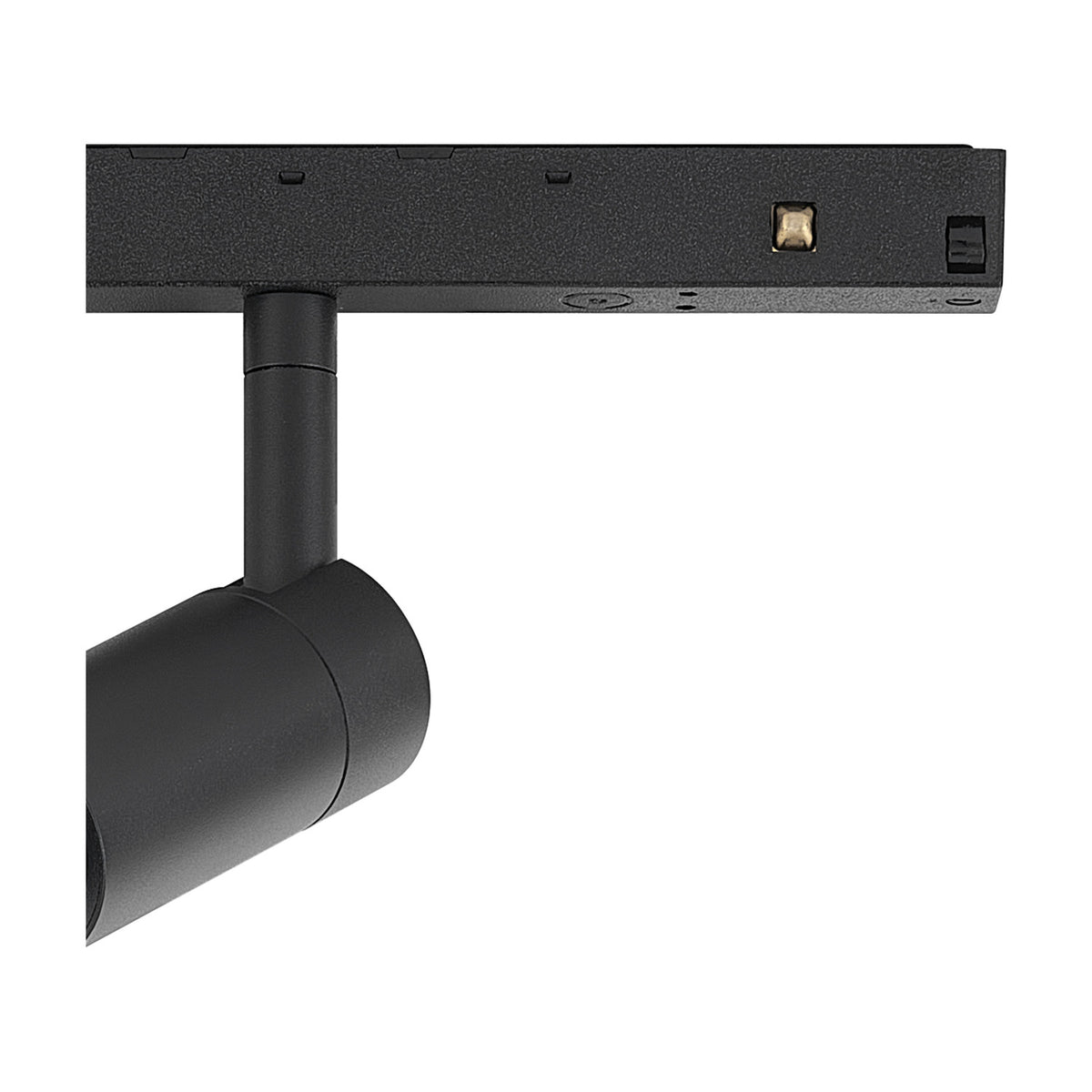 Close-up of the Magneto Track Light spotlight head in matte black, adjustable cylindrical fitting attached to a black magnetic track with integrated connectors, shown on a plain white background.