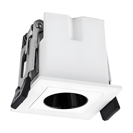 Blau 3W square recessed downlight in white with black inner ring, LED built-in and spring clip fittings visible, shown at an angle on a plain white background.