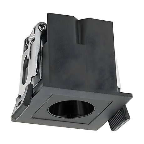 Blau 3W recessed downlight in black aluminium with square trim and round aperture, spring clip mounting visible, shown at an angle on a plain white background.