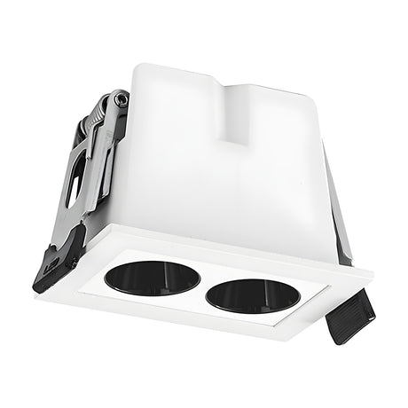 Blau 2 Light 6W Recessed Downlight in white, showing a rectangular aluminium frame with two black-trimmed circular apertures and spring clips, on a plain white background.