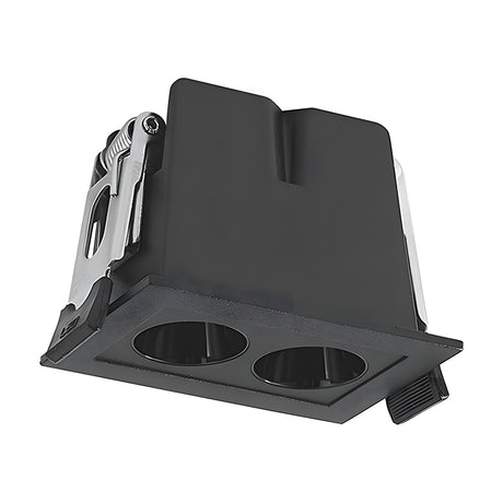 Blau 2 Light 6W Recessed Downlight in black, angled view showing dual round apertures in a slim rectangular aluminium bezel with adjustable clip mechanism, on a plain white background.