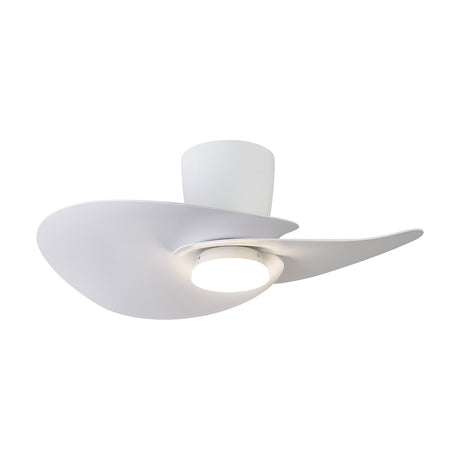 Nenufar 74cm ceiling fan with integrated LED light, white ABS housing with two curved asymmetric blades and a round central light diffuser, shown on a plain white background.