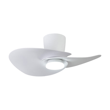 Nenufar white ceiling fan with light, 74cm span, two curved asymmetric blades and central round LED light fitting, shown against a plain white background.