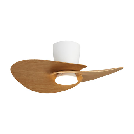 Nenufar 74cm ceiling fan with light, wood-tone curved blades and a white LED light housing, shown on a plain white background.