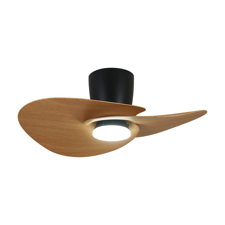 Nenufar 74cm wood ceiling fan with two curved asymmetric blades, black motor housing, and a central round LED light, shown on a plain white background.