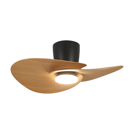 Nenufar Wood Ceiling Fan with Light 74cm, black cylindrical motor housing with two curved wood-finish blades and a central integrated LED disc, shown on a plain white background.