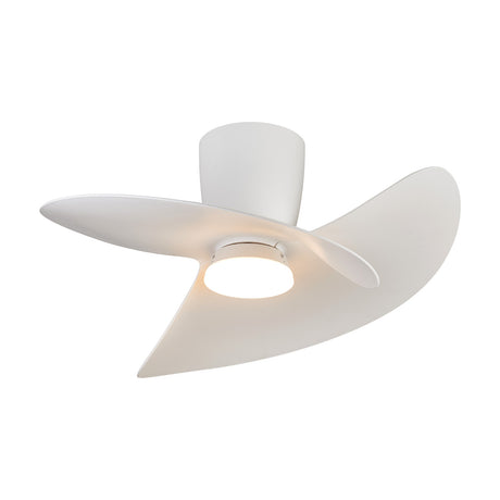 Ona Ceiling Fan with Light 70cm in white, featuring three curved asymmetric blades, a central round LED diffuser, and a compact white mount, shown on a plain white background.