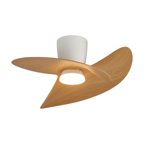 Ona Wood Ceiling Fan with Light 70cm in White, featuring three asymmetric wood-finish blades, a white motor housing, and a central round LED diffuser, shown on a plain white background.