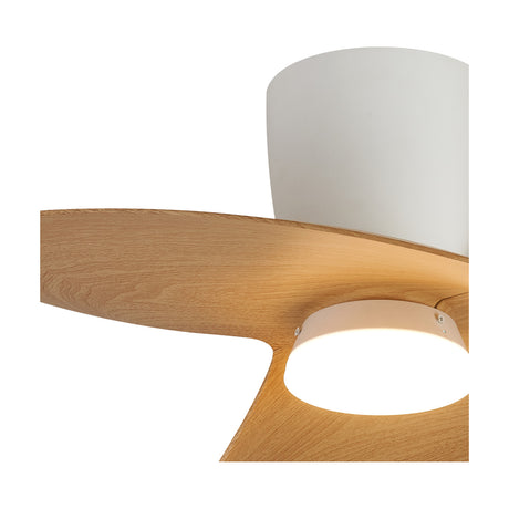 Close-up of the Ona Wood Ceiling Fan with Light 70cm, showing a white dome housing, a wood-finish blade, and a round LED diffuser glowing warm white beneath, on a plain background.