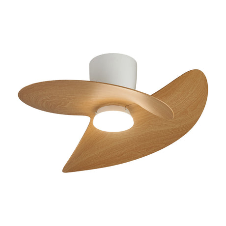 Ona Wood Ceiling Fan with Light 70cm in White, featuring two curved wood-effect blades, a white ceiling mount, and a central round LED light, shown on a plain white background.