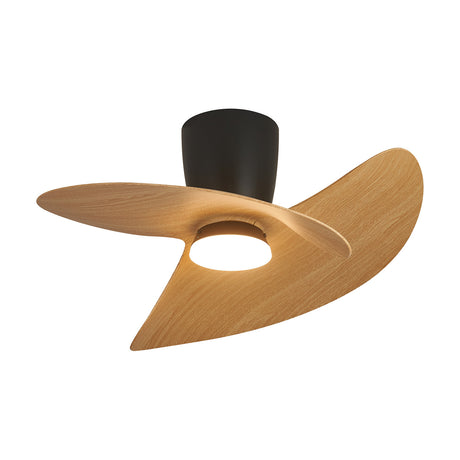 Ona Wood Ceiling Fan with Light 70cm in black, featuring two asymmetric wood-finish blades and a matte black motor housing with integrated LED, shown on a plain white background.