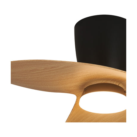 Close-up of the Ona Wood Ceiling Fan with Light 70cm in Black, showing a wood-finish blade and integrated LED light housing beneath a matte black motor casing.